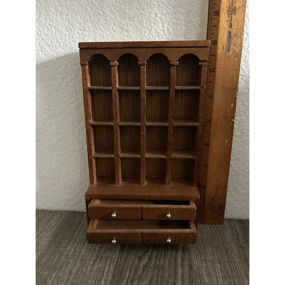 Vintage Wood Thimble Display Shelf 16 Cubby +2 Drawers Miniature Curio Wall 8